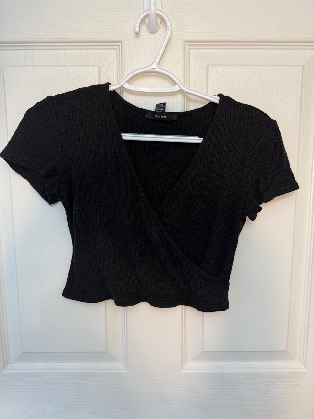 Forever 21 Black Ribbed Deep V Neck Wrap-Style Crop Top